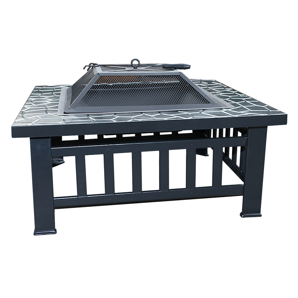 Front view of a Square Metal Fire Pit Outdoor Heater set in a table with a mesh screen top with a faux-stone finish and set on a white background.