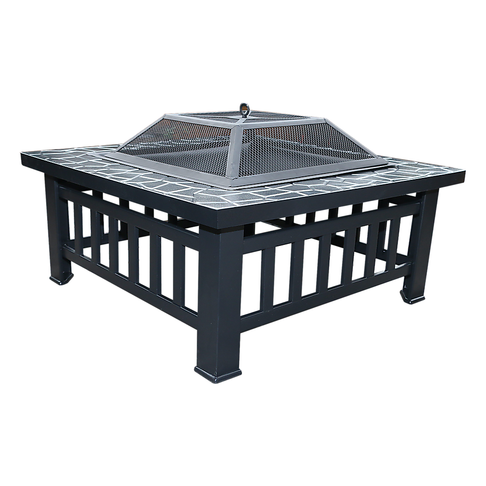 Square Metal Fire Pit Outdoor Heater set in a table with a mesh screen top with a faux-stone finish and set on a white background.