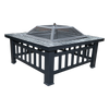 Square Metal Fire Pit Outdoor Heater set in a table with a mesh screen top with a faux-stone finish and set on a white background.