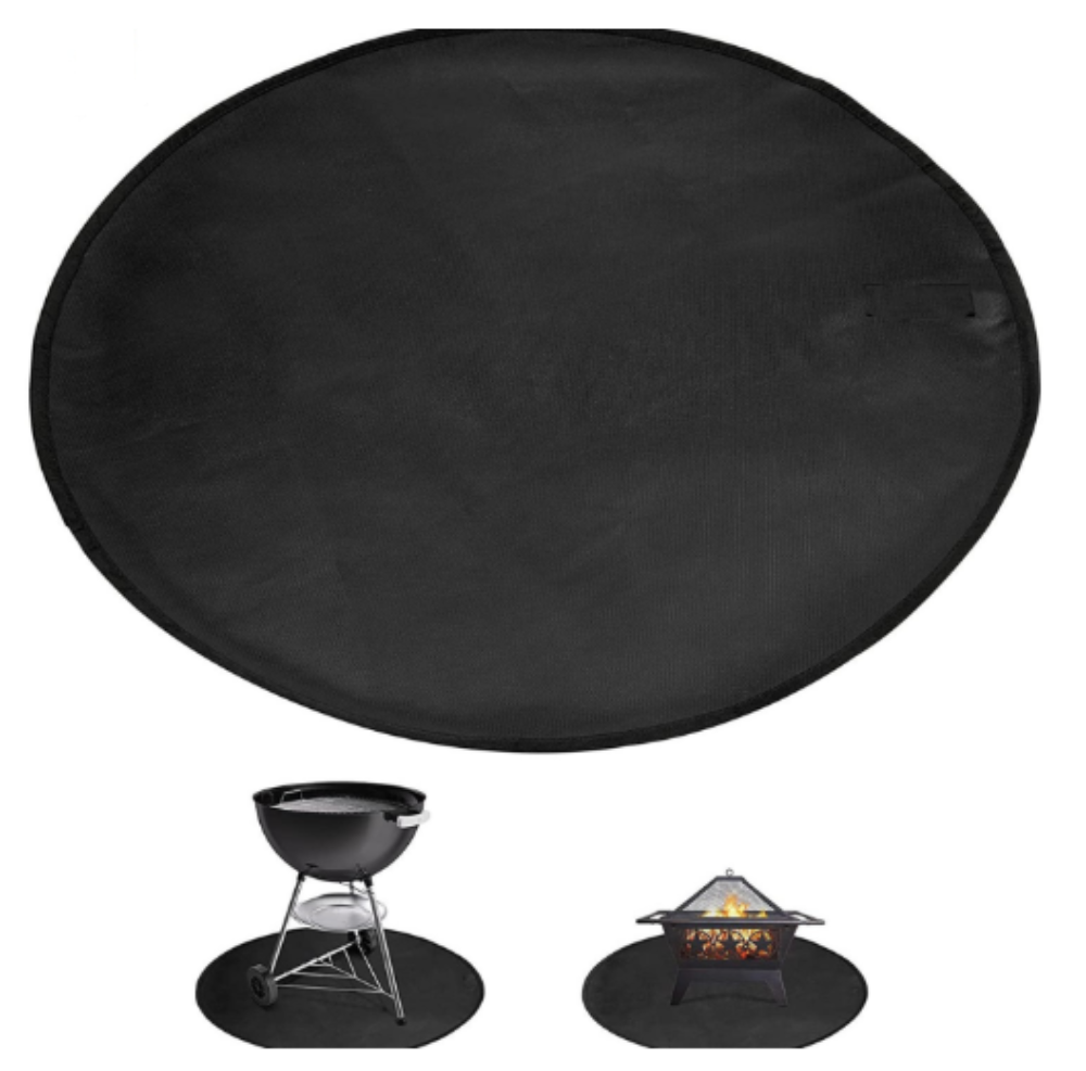 Black round fire pit mat with two smaller images of a grill and fire pit below on a white background