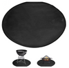 Black round fire pit mat with two smaller images of a grill and fire pit below on a white background