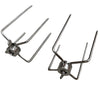 Two stainless steel rotisserie spit fork stands on a white background