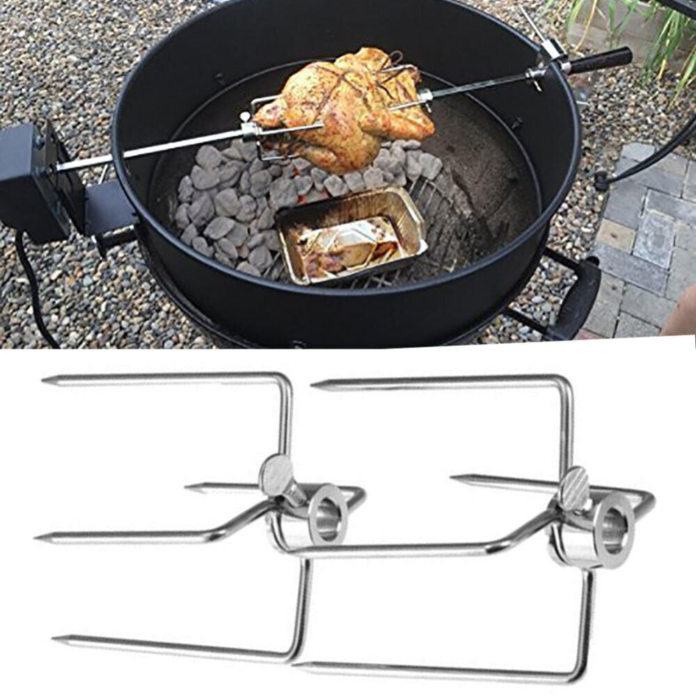 Portable grill with chicken on a skewer over hot coals, showing a close-up of the grill's metal structure.