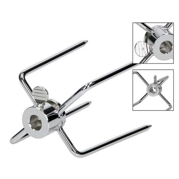 Stainless steel anchor for rotisserie spit forks with close-up insets on a white background.