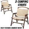 A set of two foldable outdoor camping chairs made of bamboo, with beige colored cushions, and a wooden frame on a white background.