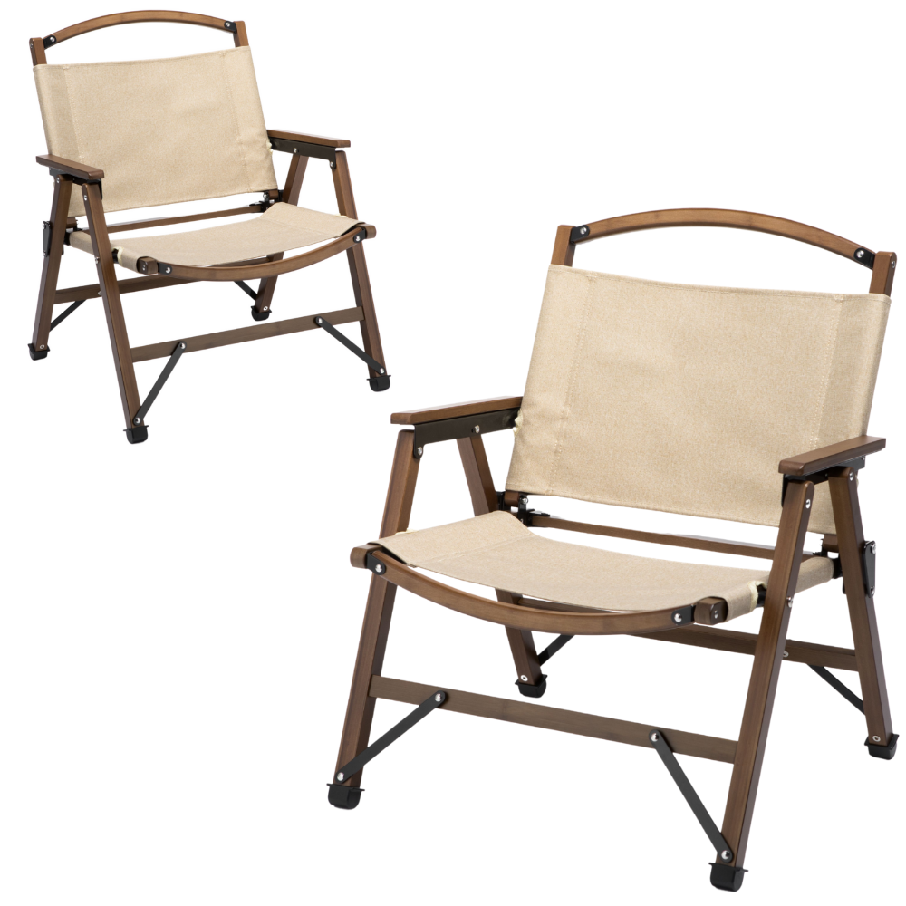 A set of two foldable outdoor camping chairs made of bamboo, with beige colored cushions, and a wooden frame.