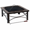 Square fire pit table with grill cover and spark guard on a white background