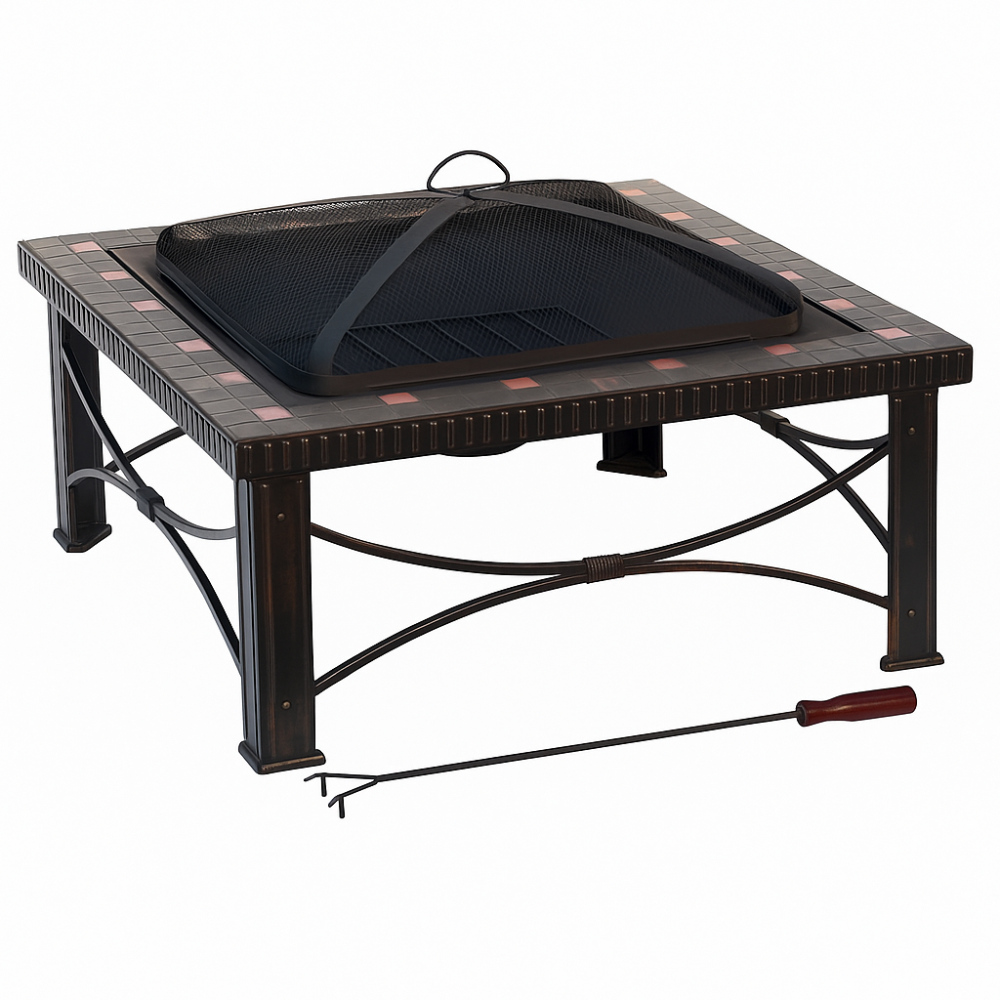 Square fire pit table with grill cover and spark guard on a white background