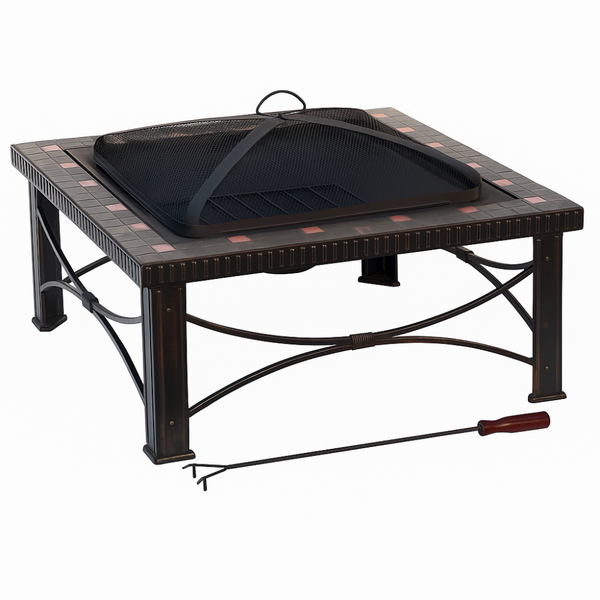 Square fire pit table with grill cover and spark guard on a white background