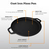 Black cast iron pizza pan with features highlighted on a white background