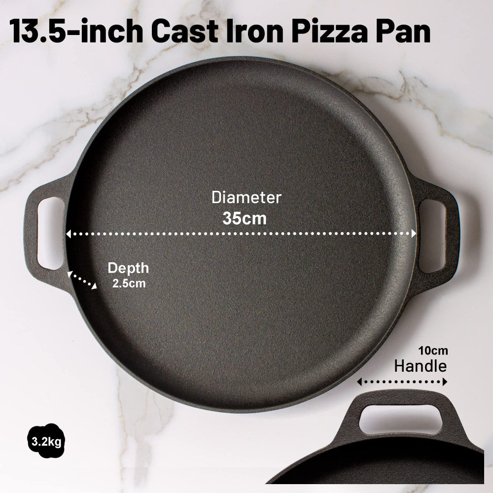13.5-inch cast iron pizza pan with measurements on a white marble background