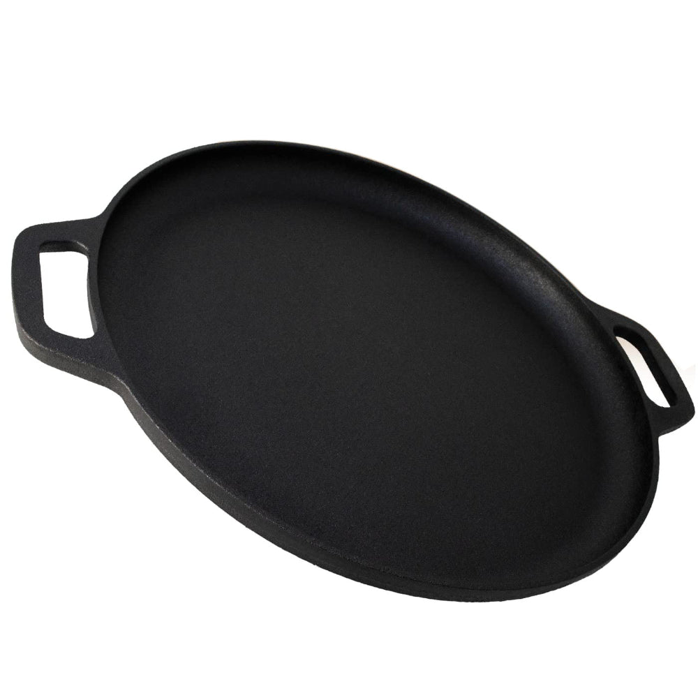 A pre-seasoned black cast iron pizza baking pan with handles.