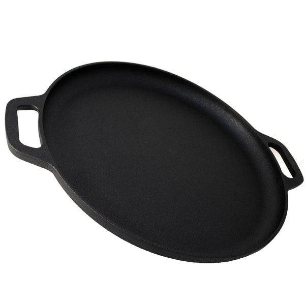 A pre-seasoned black cast iron pizza baking pan with handles.