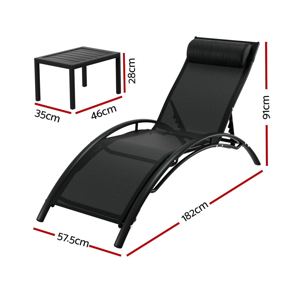 A black Gardeon sun lounger with adjustable backrests and a small steel table, showing their measurements and set against a white background.