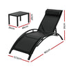 A black Gardeon sun lounger with adjustable backrests and a small steel table, showing their measurements and set against a white background.