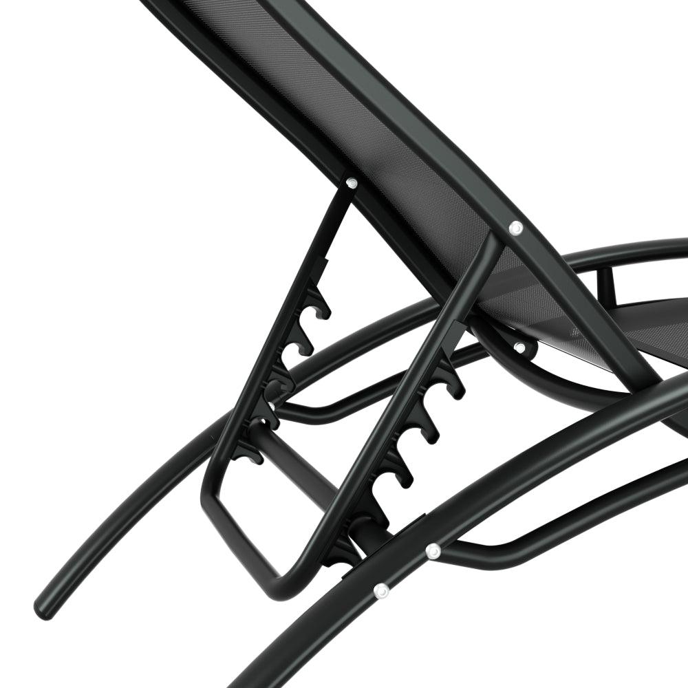 Close-up image of adjustable backrests of a black Gardeon sun lounger, set against a white background.