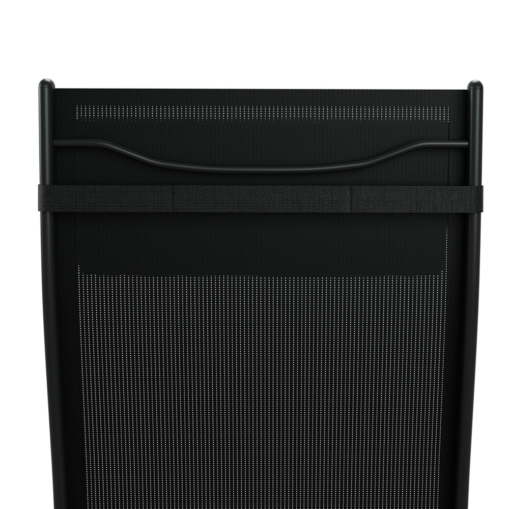 Close-up image of the backrest part of a black Gardeon sun lounger, set against a white background.