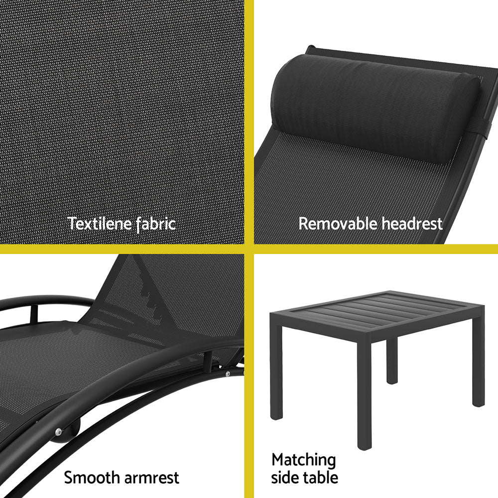 4-way split images of close-up views of a Gardeon sun lounger showcasing its fabric, removable headrest, smooth armrest and a matching side table, all set against white backgrounds.