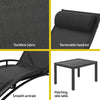 4-way split images of close-up views of a Gardeon sun lounger showcasing its fabric, removable headrest, smooth armrest and a matching side table, all set against white backgrounds.