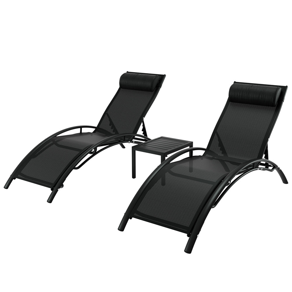 Two black Gardeon sun loungers with adjustable backrests and a small steel table, set against a white background.