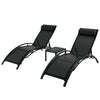 Two black Gardeon sun loungers with adjustable backrests and a small steel table, set against a white background.