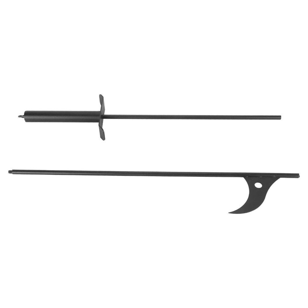 A black Steel Fire Pit Poker shown in two views: one with the tip inserted into a cylindrical holder, and another showing the full hook-like end with a mounting hole.