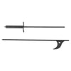 A black Steel Fire Pit Poker shown in two views: one with the tip inserted into a cylindrical holder, and another showing the full hook-like end with a mounting hole.