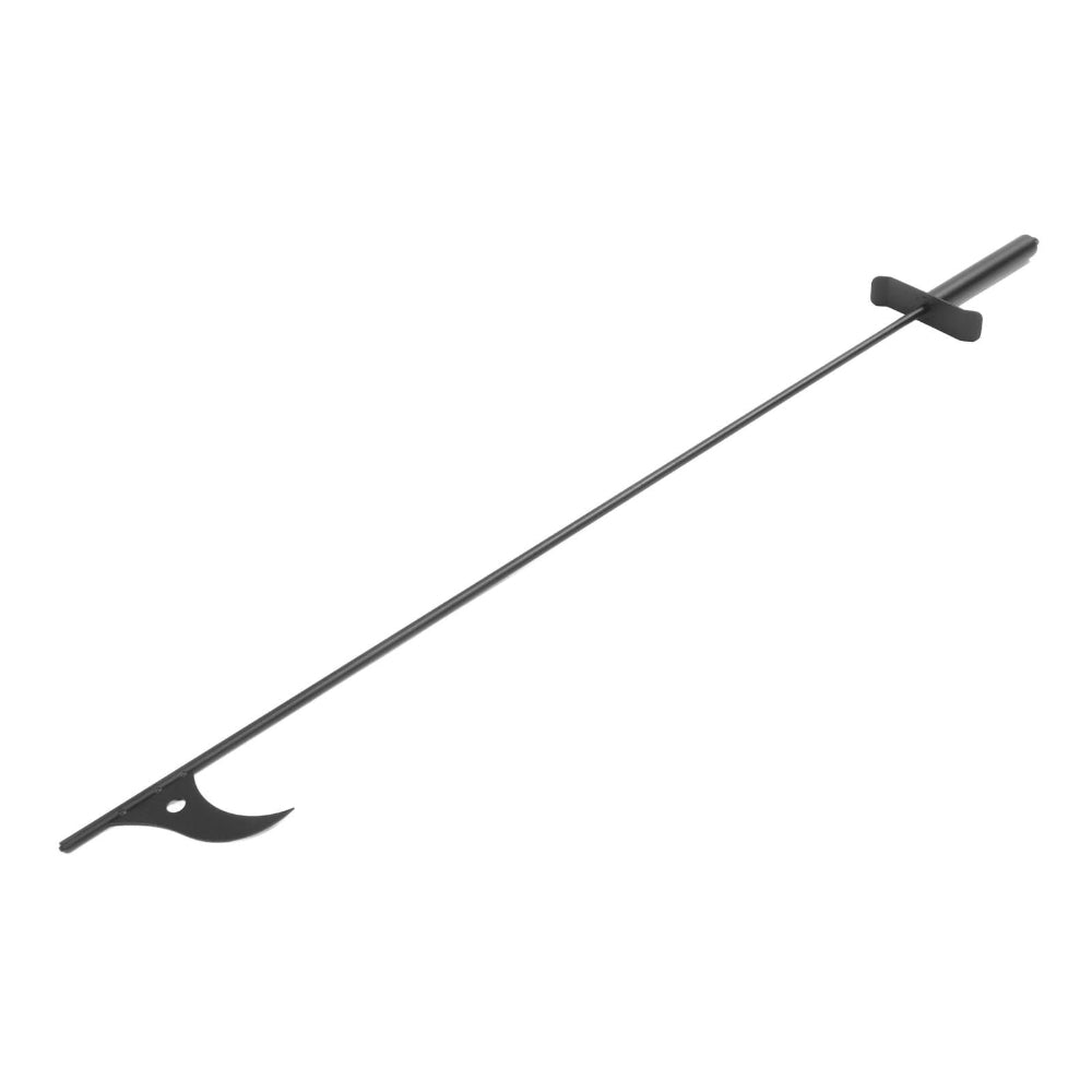 A black Steel Fire Pit Poker with a curved hook at one end and a T-handle at the other, shown diagonally on a plain white background.