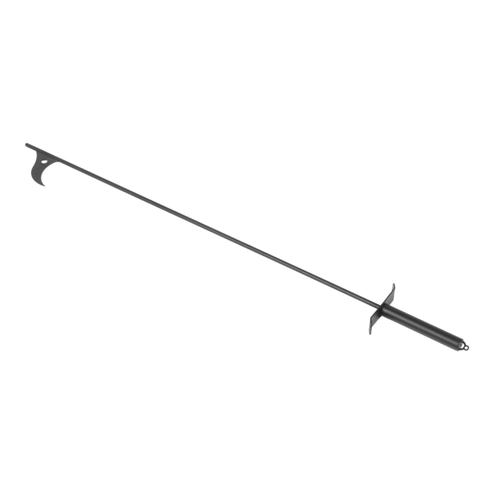 A long black Steel Fire Pit Poker with a hook-like end on one side and a flat handle end on the other, shown on a plain white background.