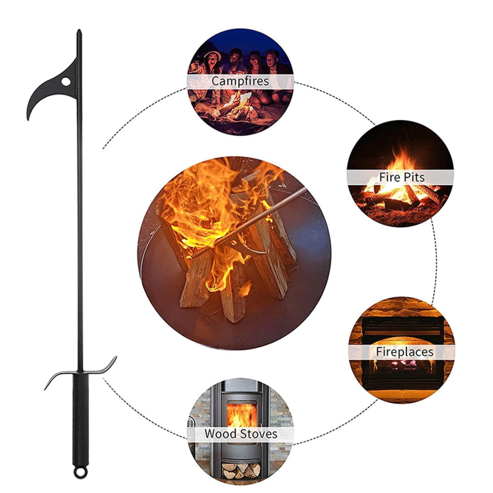 A black metal campfire poker with a curved hook on one end and a tongs-like grip on the other, shown on a white background with circular inset photos of campfires, fire pits, fireplaces, and wood stoves connected by dotted lines.