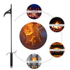A black metal campfire poker with a curved hook on one end and a tongs-like grip on the other, shown on a white background with circular inset photos of campfires, fire pits, fireplaces, and wood stoves connected by dotted lines.