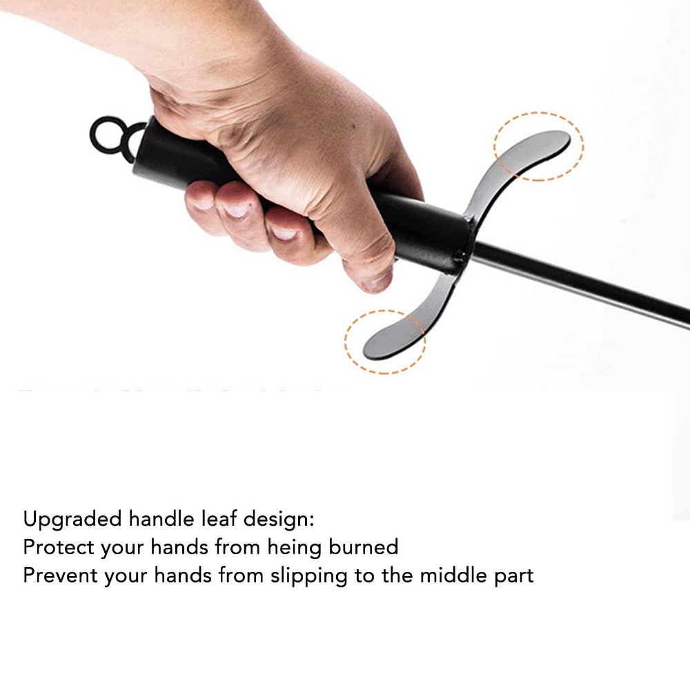 A hand holding a black Steel Fire Pit Poker, shown against a white background with text highlighting an upgraded handle leaf design for hand protection and grip security.