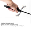 A hand holding a black Steel Fire Pit Poker, shown against a white background with text highlighting an upgraded handle leaf design for hand protection and grip security.