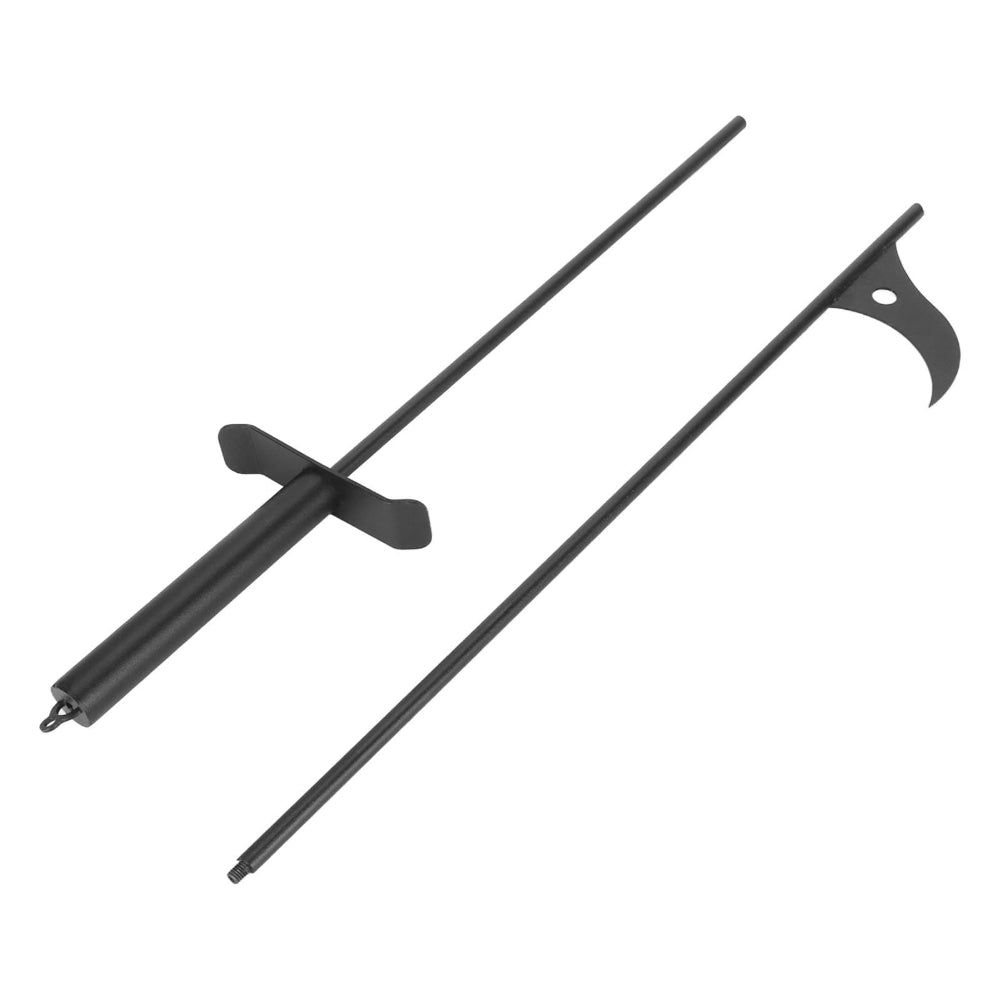 Black Steel Fire Pit Poker with a long post, ground anchor, and curved hook tip, shown on a plain white background.