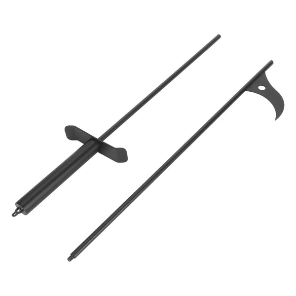 Black Steel Fire Pit Poker with a long post, ground anchor, and curved hook tip, shown on a plain white background.