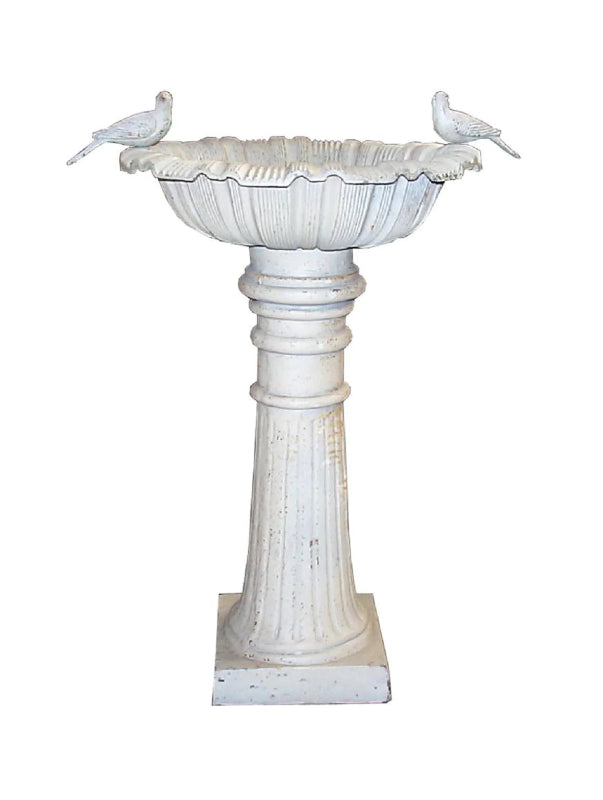 Canterbury Cast Iron Bird Bath with two decorative birds in antique white colour on a white background.