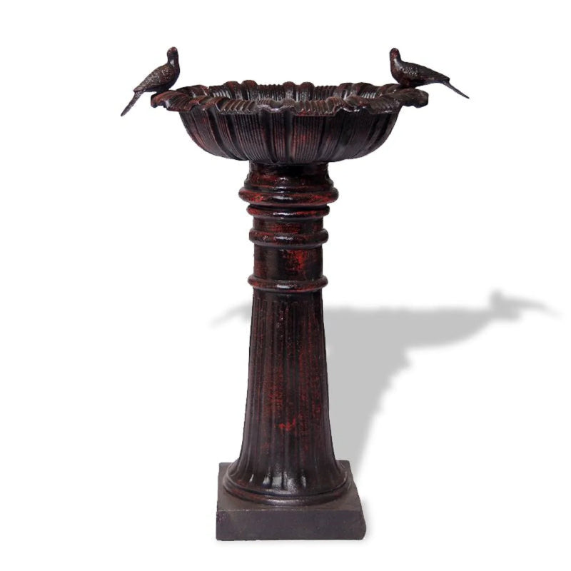 Canterbury Cast Iron Bird Bath with two decorative birds in black/red colour on a white background.