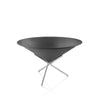 Modern black cone-shaped fire pit with metal legs on a white background