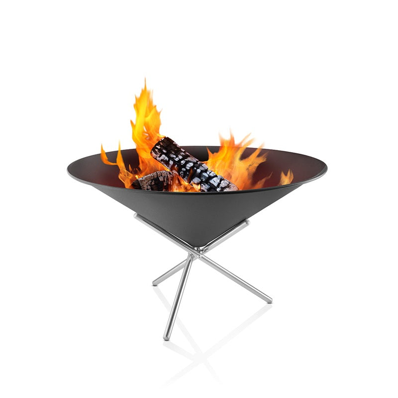 Modern fire pit with flames and logs on a white background