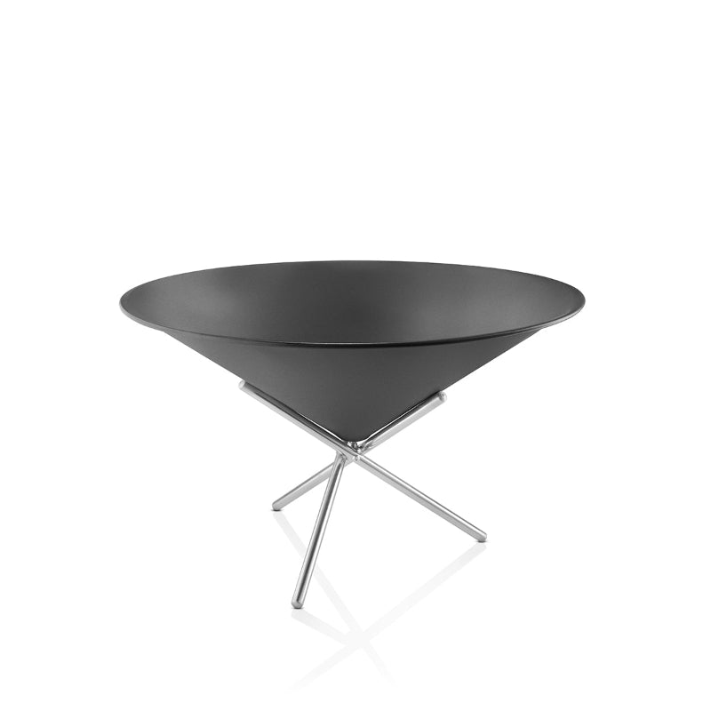 Modern black cone-shaped fire pit with metal legs on a white background