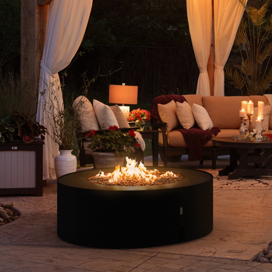 Galio Star Black Automatic Outdoor Gas Fireplace in a patio setting