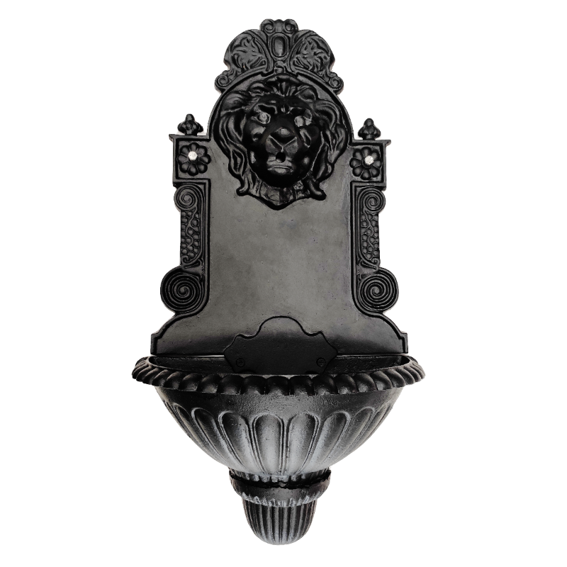 Black coloured cast iron lion wall fountain on a white background.