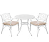 White outdoor table with two matching chairs on a white background