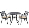 Outdoor furniture set with a round table and two chairs on a white background
