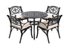 Outdoor dining set with a round table and four chairs on a white background