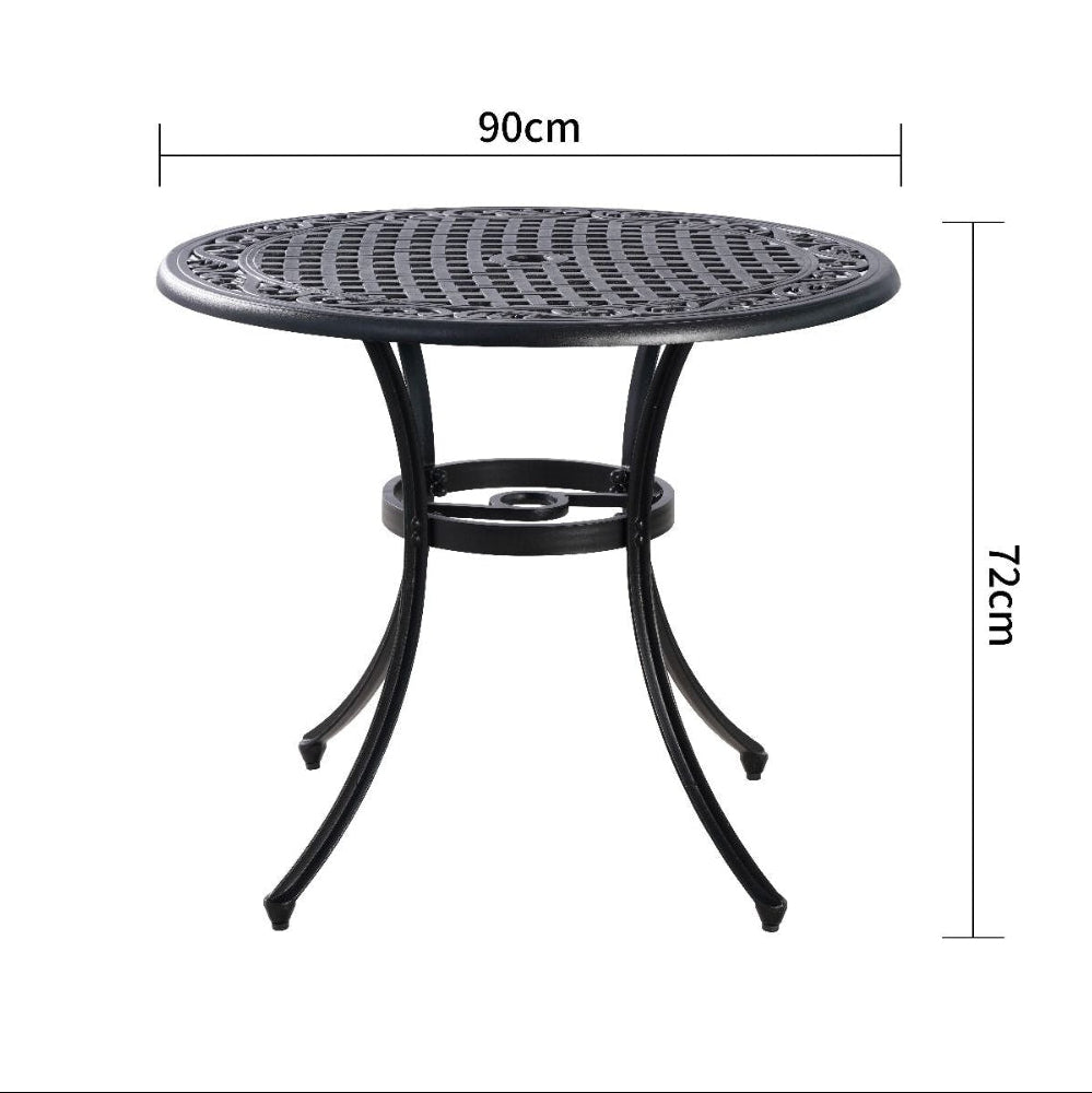 Round black metal table with dimensions on a white background