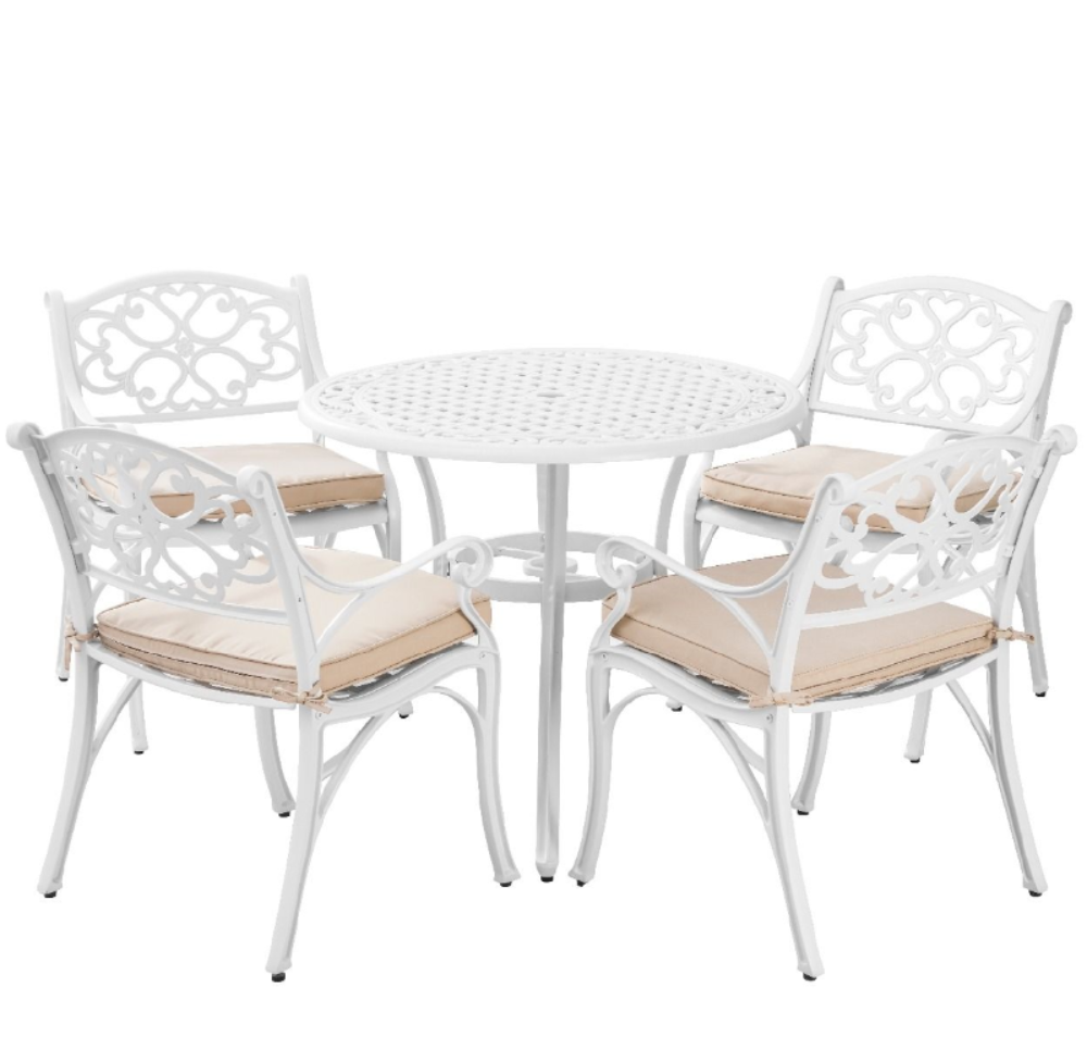 Marco Cast Aluminium 5 piece Outdoor Setting in white colour with a white background.