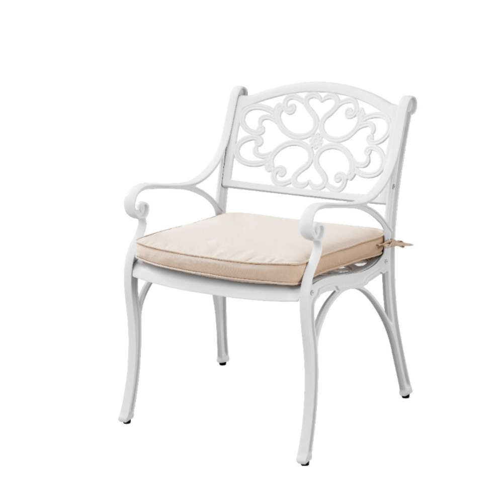 Marco Cast Aluminium Outdoor chair in white with a beige cushion and a white background.