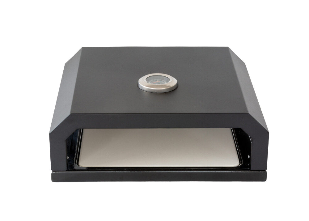 Black outdoor pizza oven with a digital display on a white background