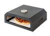 Black outdoor pizza oven with a pizza inside on a white background